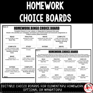 Homework Choice Boards at For The Love of Teachers