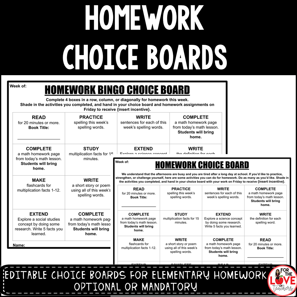 Homework Choice Boards at For The Love of Teachers