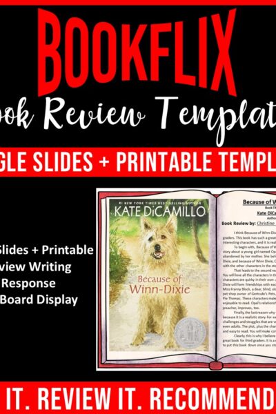 Book review templates with Google Slides, printable book reviews, and Bookflix bulletin board display.
