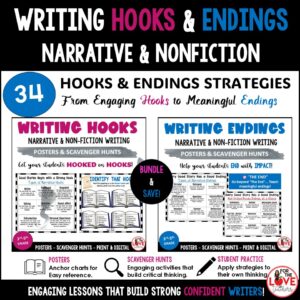 Writing Hooks & Endings Bundle | Posters, Scavenger Hunts & Writing Activities
