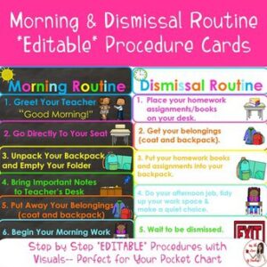 Morning & Dismissal Routines Procedure Cards (EDITABLE)