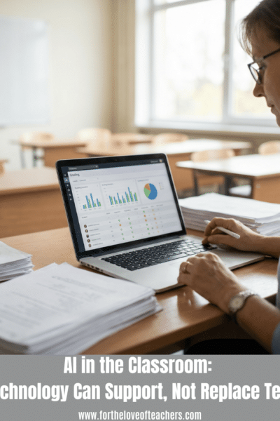 Teacher working on a laptop in a classroom using technology to support grading and instruction, representing AI tools for teachers.